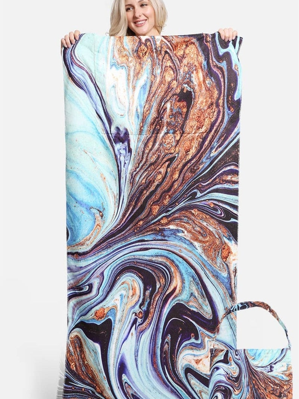 Marbled Swirl 2 In 1 Beach Towel/Tote Bag in Aqua and Copper